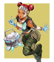 Rule 34 | 1girl, animification, apex legends, artist name, backpack, bag, blue gloves, breasts, brown eyes, cargo pants, d.o.c. health drone, dark-skinned female, dark skin, double bun, drone, from above, gloves, green pants, hair bun, headset, lifeline (apex legends), medium breasts, muraicchi (momocchi), open hand, pants, pink hair, smile, solo focus, tank top, v