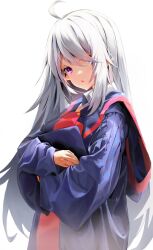 Rule 34 | 1girl, absurdres, afindex, ahoge, commentary request, elf, graduation, highres, long hair, long sleeves, looking at viewer, open mouth, original, pointy ears, purple eyes, school uniform, simple background, solo, upper body, white background, white hair, wide sleeves