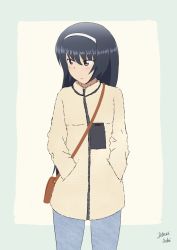 Rule 34 | 1girl, artist name, bag, black hair, blue pants, brown eyes, casual, closed mouth, coat, cowboy shot, girls und panzer, hairband, handbag, hands in pockets, highres, lettuce-labo, light frown, long hair, long sleeves, looking to the side, pants, reizei mako, signature, solo, standing, white coat, white hairband, winter clothes