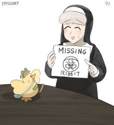 Rule 34 | 1girl, ^ ^, bag, bandaid, bird, bottle cap, closed eyes, diva (hyxpk), duck, duckling, freckles, frog headband, habit, highres, holding, holding paper, numbered, nun, original, paper, poster (object), sheep nun (diva), simple background, table, traditional nun, white background
