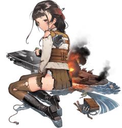 Rule 34 | 1girl, braid, breast pocket, brown thighhighs, full body, kantai collection, official art, pocket, single braid, solo, striped clothes, striped thighhighs, thighhighs, torn clothes, transparent background, vertical-striped clothes, vertical-striped thighhighs, yamashio maru (kancolle)