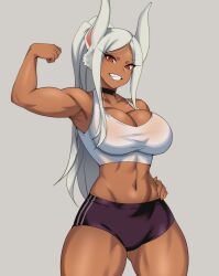 Rule 34 | 1girl, :d, animal ears, arm up, armpits, bare shoulders, black choker, black shorts, boku no hero academia, breasts, choker, cleavage, clenched hand, collarbone, cowboy shot, crop top, dark-skinned female, dark skin, flexing, gluteal fold, hand on own hip, hevn, highres, large breasts, long eyelashes, long hair, looking at viewer, midriff, mirko, navel, open mouth, parted bangs, ponytail, rabbit ears, rabbit girl, red eyes, short shorts, shorts, smile, solo, stomach, tank top, teeth, thighs, toned, white hair, white tank top