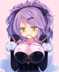 Rule 34 | 1girl, bdsm, blush, bondage, bound, breast bondage, breasts, center opening, chandelure, cleavage, covered erect nipples, creatures (company), dress, elbow gloves, eyelashes, game freak, gen 5 pokemon, gloves, hair ornament, hairclip, highres, homura subaru, large breasts, mouth hold, nintendo, nipples, personification, pokemon, ponytail, purple hair, ribbon, ribbon bondage, ribbon in mouth, see-through, smile, solo, unbuttoned, upper body, yellow eyes