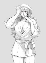 Rule 34 | 1girl, absurdres, bathrobe, breasts, brushing teeth, cleavage, commentary request, cross, dorohedoro, drying, drying hair, earrings, greyscale, hair between eyes, hand on own head, hands up, highres, holding, holding toothbrush, inverted cross, jewelry, ki (mxxxx), large breasts, long hair, looking at viewer, monochrome, noi (dorohedoro), red eyes, simple background, solo, spot color, toothbrush, toothbrush in mouth, towel, towel on head, wavy hair, wet, wet hair