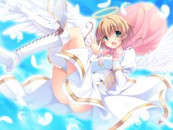 Rule 34 | 1girl, angel, ayase hazuki, bag, blonde hair, boots, breasts, dress, feathers, game cg, grand cru bourgeois, green eyes, halo, happy, legs, looking at viewer, nukidoki!, open mouth, sera mitra airun, short hair, smile, thighs, white wings, wings