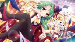 Rule 34 | 1girl, black hat, black pantyhose, braid, card, crossed legs, dot nose, dutch angle, film grain, game cg, green hair, grin, hand on own face, hat, hat ribbon, head tilt, high heels, izumi tsubasu, long braid, long hair, looking at viewer, mini hat, non-web source, official art, on chair, pantyhose, playing card, rafters, re:stage!, red footwear, red ribbon, ribbon, shirokita kuroha, single braid, sitting, smile, solo, stage, stage lights, tilted headwear, white wrist cuffs, wrist cuffs, yellow eyes