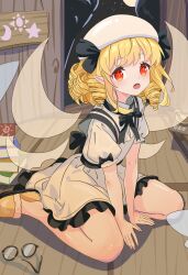 Rule 34 | 1girl, absurdres, arm support, artist name, back bow, beret, between legs, black bow, blonde hair, blush, book, bow, bright pupils, chinese commentary, commentary request, crescent print, drill hair, fairy, fairy wings, floating hair, frilled skirt, frills, full body, full moon, hair between eyes, hair bow, hand between legs, hat, highres, indoors, kagurachiriri, leaning forward, looking at viewer, luna child, medium hair, moon, night, open mouth, pointy ears, puffy short sleeves, puffy sleeves, red eyes, sailor collar, shirt, short sleeves, sidelocks, sitting, skirt, sleeve bow, slippers, slit pupils, solo, star (symbol), star print, sun print, teeth, thighs, touhou, upper teeth only, wariza, white hat, white sailor collar, white shirt, white skirt, wings, wooden floor