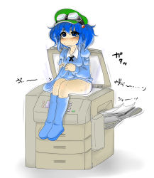 Rule 34 | 1girl, blush, boots, clothes lift, exhibitionism, hat, highres, kawashiro nitori, mitsuwo, paper, photocopier, photocopying self, public indecency, skirt, skirt lift, sweat, tears, touhou, two side up