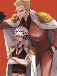 Rule 34 | 2boys, black gloves, black hair, black vest, blonde hair, cheese neko3, coat, coat on shoulders, commentary request, crossed arms, donquixote doflamingo, earrings, epaulettes, formal, gloves, hand in pocket, height difference, jewelry, male focus, multiple boys, necktie, one piece, red necktie, red suit, short hair, suit, sunglasses, trafalgar law, vest, white coat, white gloves