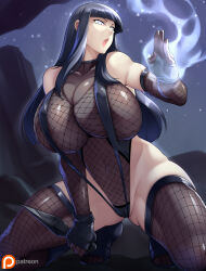 Rule 34 | 1girl, absurdres, bare shoulders, black hair, breasts, cleavage, fingerless gloves, fishnet thighhighs, fishnet top, fishnets, gloves, haganef, highres, huge breasts, hyuuga hinata, kunai, large breasts, long hair, naruto (series), naruto shippuuden, naruto shippuuden, open mouth, pupiless eyes, source request, tagme, thighhighs, weapon, white eyes