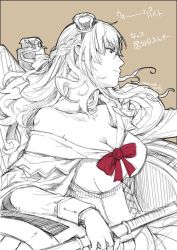 Rule 34 | 10s, 1girl, bare shoulders, blonde hair, blue eyes, braid, breasts, cleavage, crown, dress, female focus, french braid, hairband, hat, hiyoshi hana, kantai collection, large breasts, long hair, mini crown, monochrome, off shoulder, red ribbon, ribbon, solo, spot color, warspite (kancolle)