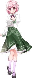 Rule 34 | 1girl, :d, ankle socks, arm at side, black footwear, bow legwear, breasts, collared shirt, d4dj, flower, foot up, frilled socks, frills, green skirt, hair flower, hair ornament, hand on own chest, high-waist skirt, highres, juliet sleeves, long sleeves, looking at viewer, mary janes, medium breasts, medium skirt, neck ribbon, official art, one side up, open mouth, pink eyes, pink hair, puffy sleeves, purple ribbon, purple socks, ribbon, sakurada miyu, shirt, shoes, short hair, simple background, skirt, smile, socks, solo, standing, swept bangs, transparent background, white shirt
