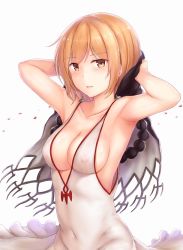 Rule 34 | 10s, 1girl, :o, armpits, arms behind head, arms up, bare shoulders, black cape, breasts, cai geng, cape, cleavage, collarbone, covered erect nipples, covered navel, cowboy shot, djeeta (granblue fantasy), dress, frilled dress, frills, granblue fantasy, looking at viewer, medium breasts, open mouth, shiny skin, short hair, simple background, sleeveless, sleeveless dress, solo, upper body, white background, white dress, yellow eyes