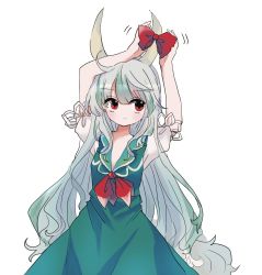 Rule 34 | 1girl, :&lt;, blush, bow, commentary, dress, ex-keine, green dress, green hair, highres, horn bow, horn ornament, horns, kamishirasawa keine, long hair, motion lines, neckerchief, puffy short sleeves, puffy sleeves, red bow, red eyes, red neckerchief, short sleeves, solo, tail, touhou, upper body, wavy hair, white background, zabuton (mgdw5574)