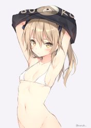 Rule 34 | 10s, 1girl, armpits, arms up, bad id, bad pixiv id, bare shoulders, bikini, bikini top only, black bow, black shirt, blush, boko (girls und panzer), bottomless, bow, breasts, brown eyes, brown hair, closed mouth, clothes lift, clothes writing, collarbone, commentary request, girls und panzer, grey background, groin, hair between eyes, hair bow, highres, light brown hair, long hair, looking at viewer, navel, one side up, out-of-frame censoring, print shirt, rurudo, shimada arisu, shirt, shirt lift, simple background, small breasts, solo, swimsuit, undressing, white bikini