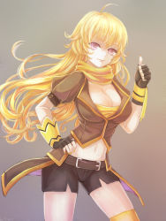 Rule 34 | 1girl, ahoge, belt, black shorts, blonde hair, breasts, brown top, cleavage, contrapposto, fingerless gloves, gauntlets, gloves, hand on own hip, highres, long hair, looking at viewer, midriff, neckerchief, purple eyes, ringovalent, rwby, shorts, simple background, smile, solo, thighhighs, thumbs up, waist cape, weapon, yang xiao long, yellow theme