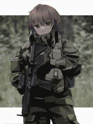 Rule 34 | 1girl, annoyed, assault rifle, black gloves, blurry, blurry background, brown eyes, brown hair, cowboy shot, dmj neco, foregrip, gloves, green jacket, green legwear, gun, headset removed, highres, holding, holding gun, holding weapon, jacket, load bearing equipment, looking at viewer, m4 carbine, original, pocket, pouch, rifle, short hair, solo, tactical clothes, trigger discipline, weapon