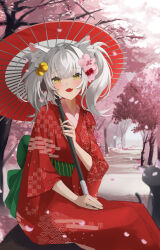 Rule 34 | 1girl, absurdres, animal ear fluff, animal ears, asa no ha (pattern), bell, black cat, bow, breasts, cat, cat ears, cat girl, cherry blossoms, commentary, egasumi, fang, flower, green bow, green sash, grey hair, hair bell, hair flower, hair ornament, haku (liiixixixiii), highres, holding, holding umbrella, japanese clothes, jingle bell, kimono, long sleeves, looking at viewer, medium hair, obi, oil-paper umbrella, open mouth, original, outdoors, petals, pink flower, print kimono, red kimono, sash, seigaiha, sitting, skin fang, small breasts, smile, solo, symbol-only commentary, tree, twintails, umbrella, waist bow, wide sleeves, yellow eyes