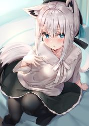 Rule 34 | 1girl, ahoge, animal ear fluff, animal ears, beret, black pantyhose, blue eyes, blush, commentary request, fox ears, fox girl, fox tail, grey hair, hair between eyes, hat, highres, hololive, looking at viewer, pantyhose, parted lips, reinama, shirakami fubuki, shirakami fubuki (street), shirt, sitting, skirt, solo, tail, virtual youtuber, white shirt