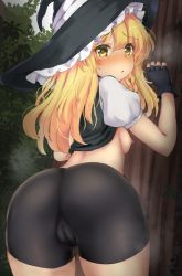 Rule 34 | 1girl, against tree, ass, back, bare arms, bike shorts, black shorts, blonde hair, blush, braid, breasts, breath, cameltoe, cleft of venus, clothes lift, day, embarrassed, fingerless gloves, from behind, furrowed brow, gloves, hair between eyes, hat, highres, kirisame marisa, leaning forward, leon0705, long hair, looking at viewer, looking back, nipples, no bra, outdoors, parted bangs, parted lips, presenting, puffy short sleeves, puffy sleeves, short sleeves, shorts, side braid, sideboob, single braid, small breasts, solo, touhou, tree, witch hat, yellow eyes