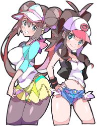 Rule 34 | &gt;:), 2girls, antenna hair, back-to-back, bare shoulders, baseball cap, black vest, blue eyes, blue shorts, breasts, brown hair, cleavage, closed mouth, creatures (company), cropped legs, cutoffs, double bun, enpe, game freak, grey legwear, hair bun, hand on own hip, hat, highres, hilda (pokemon), long hair, medium breasts, micro shorts, multiple girls, navel, nintendo, open clothes, open vest, pantyhose, pantyhose under shorts, pokemon, pokemon bw, pokemon bw2, pokemon masters ex, ponytail, raglan sleeves, rosa (pokemon), shirt, shorts, sidelocks, simple background, sleeves past elbows, small breasts, twintails, v-shaped eyebrows, vest, visor cap, white background, white headwear, white shirt, wristband, yellow shorts