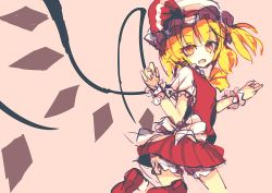 Rule 34 | 1girl, ascot, back bow, bloomers, bow, brown background, crystal, dise (psychoro), fang, flandre scarlet, frilled shirt, frilled shirt collar, frilled skirt, frilled sleeves, frills, hat, hat ribbon, looking at viewer, looking back, medium hair, mob cap, one side up, open mouth, puffy short sleeves, puffy sleeves, red bow, red footwear, red ribbon, red skirt, red vest, ribbon, shirt, shoes, short hair, short sleeves, simple background, skirt, smile, solo, touhou, underwear, vest, white bloomers, white bow, white hat, white shirt, wings, wrist cuffs, yellow ascot, yellow eyes