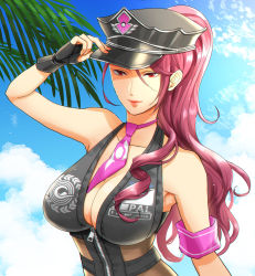 Rule 34 | 1girl, arm up, armband, black hat, blue sky, breasts, cleavage, closed mouth, cloud, cosplay, dan (toupe), day, hair between eyes, hat, high ponytail, highres, kirijou mitsuru, large breasts, long hair, nail polish, orange nails, outdoors, persona, persona 3, pink hair, pink neckwear, police, police hat, police uniform, policewoman, red eyes, sesshouin kiara (swimsuit mooncancer) (cosplay), sessyoin kiara, sessyoin kiara (swimsuit mooncancer), sessyoin kiara (swimsuit mooncancer) (second ascension), sky, sleeveless, smile, solo, swept bangs, uniform, very long hair, zipper