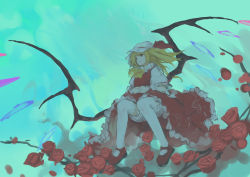 Rule 34 | 1girl, absurdres, aqua background, ascot, blonde hair, blood, blood splatter, bloomers, blue background, closed mouth, collared shirt, commentary, crystal, flandre scarlet, flower, frilled shirt collar, frilled skirt, frilled sleeves, frills, from below, full body, hands on own stomach, hat, hat ribbon, highres, large wings, looking afar, mary janes, medium hair, mob cap, one side up, own hands together, puffy short sleeves, puffy sleeves, red eyes, red flower, red footwear, red ribbon, red rose, red skirt, red vest, ribbon, ribbon-trimmed sleeves, ribbon-trimmed underwear, ribbon trim, rose, shirt, shoes, short sleeves, sidelocks, skirt, skirt set, solo, spread wings, thighhighs, touhou, underwear, upskirt, vest, white bloomers, white hat, white shirt, white thighhighs, wings, wrist cuffs, xii yashizhongzhan, yellow ascot