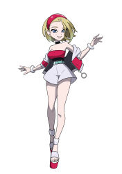 Rule 34 | 1girl, absurdres, adapted costume, alternate costume, alternate eye color, alternate hair color, bare shoulders, black choker, blonde hair, blue eyes, bob cut, breasts, camera, choker, cosplay, costume switch, creatures (company), crop top, game freak, headband, highres, holding, irida (pokemon), loose hair strand, medium breasts, multiple views, nintendo, off-shoulder shirt, off shoulder, official style, perrin (pokemon), pokemon, pokemon legends: arceus, pokemon sv, rhymewithray, sandals, shirt, short hair, short sleeves, smile, solo