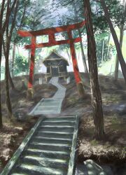 Rule 34 | forest, highres, hill, hkwryyy pepe, nature, no humans, original, scenery, shadow, stairs, sunlight, torii, tree, tree shade