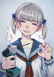 Rule 34 | 1girl, blue eyes, blunt bangs, claw pose, collarbone, drill, female focus, grin, hair bobbles, hair ornament, highres, looking at viewer, nail polish, original, power drill, power tool, purple nails, red neckwear, school uniform, shibata ico, silver hair, smile, solo, twintails