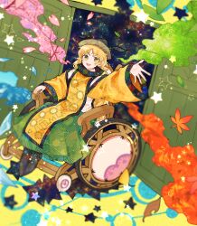 Rule 34 | 1girl, arm up, autumn leaves, black footwear, black hat, blonde hair, blue sky, boots, branch, brown hat, cape, cherry blossoms, constellation, constellation print, detached sleeves, door, green skirt, hair between eyes, hand up, hat, highres, itomugi-kun, leaf, long hair, long sleeves, looking at viewer, looking up, matara okina, night, night sky, open door, open mouth, orange cape, shirt, simple background, sitting, skirt, sky, smile, solo, space, star (sky), star (symbol), starry sky, tabard, teeth, tongue, touhou, tree, wheelchair, white shirt, wide sleeves, yellow background, yellow eyes