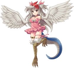 Rule 34 | 1girl, armlet, artist request, bird legs, bow, breasts, cleavage, dress, feathered wings, feathers, full body, grey eyes, grey hair, hair bow, harpy, kuune (monster musume), lizard tail, long hair, medium breasts, monster girl, monster musume no iru nichijou, monster musume no iru nichijou online, multicolored hair, official art, panties, pink bow, pink dress, pink panties, red hair, smile, solo, tail, talons, thighlet, transparent background, two-tone hair, underwear, white feathers, white wings, winged arms, wings