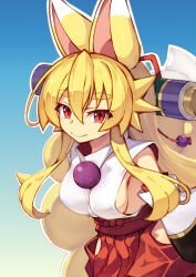 1girl animal_ears blonde_hair blue_background breasts closed_mouth dated_commentary detached_sleeves fox_ears fox_girl fox_tail gradient_background hair_between_eyes highres izuna_(shinrabanshou) kitsune long_hair looking_at_viewer medium_breasts multiple_tails red_eyes saru_000 shinrabanshou smile solo tail thick_eyebrows white_sleeves