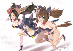 Rule 34 | + +, 3girls, animal ears, bare shoulders, black footwear, black hair, black leotard, blue eyes, bow, bowtie, braid, breasts, brown eyes, brown hair, cleavage, commentary request, detached collar, drill hair, drill sidelocks, fang, fishnet pantyhose, fishnets, fox mask, glasses, hair between eyes, high heels, highleg, highleg leotard, horse ears, horse girl, horse tail, inari one (umamusume), large breasts, leotard, long hair, marvelous sunday (umamusume), mask, mask on head, multiple girls, nontraditional playboy bunny, open mouth, pantyhose, running, ryoji (nomura ryouji), sidelocks, skin fang, smile, strapless, strapless leotard, sweat, tail, twintails, umamusume, wrist cuffs, zenno rob roy (umamusume)