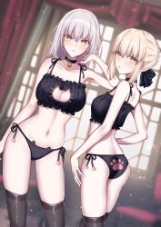 Rule 34 | 2girls, artoria pendragon (all), artoria pendragon (fate), ass, back, bare shoulders, bell, black bra, black panties, black ribbon, blonde hair, blush, bra, braid, breasts, cat cutout, cat ear panties, cat lingerie, choker, cleavage, cleavage cutout, clothing cutout, curtains, fate/grand order, fate/stay night, fate (series), french braid, frilled bra, frills, hair between eyes, hair ribbon, hand up, highres, jeanne d&#039;arc (fate), jeanne d&#039;arc alter (avenger) (fate), jeanne d&#039;arc alter (fate), jingle bell, large breasts, long hair, looking at viewer, medium breasts, meltymaple, meme attire, multiple girls, neck bell, panties, paw print, ribbon, saber alter, short hair, side-tie panties, sidelocks, silver hair, thighhighs, thighs, underwear, underwear only, window, yellow eyes