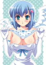 Rule 34 | 00s, 1girl, :o, angel of light nanael, angel wings, asymmetrical wings, blue hair, blush, bow, bow panties, breasts, cleavage, elbow gloves, ena roseo, gloves, green eyes, hair ornament, holding, holding clothes, holding panties, holding underwear, large breasts, lowres, nanael (queen&#039;s blade), nanael (queen's blade), panties, polka dot, polka dot panties, queen&#039;s blade, solo, underwear, white panties, wings