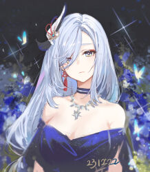 Rule 34 | 1girl, adelie cat, alternate costume, bare shoulders, blue choker, blue shirt, breasts, choker, cleavage, commentary, genshin impact, grey hair, hair ornament, head tilt, large breasts, long hair, looking at viewer, off-shoulder shirt, off shoulder, shenhe (genshin impact), shirt, short sleeves, solo, upper body, very long hair