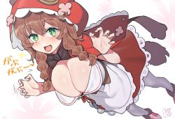 Rule 34 | 1girl, :3, apron, blush, braid, breasts, brown hair, capelet, claw pose, cleavage, dated, dress, fang, green eyes, hood, hood up, hooded capelet, large breasts, long hair, nijisanji, open mouth, red dress, red hood, rkrk, signature, simple background, solo, twin braids, virtual youtuber, waist apron, warabeda meiji, white apron, white background