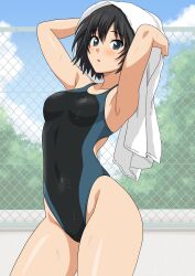 1girl absurdres amagami black_eyes black_hair black_one-piece_swimsuit blue_sky breasts chain-link_fence cloud competition_swimsuit day fence highleg highleg_one-piece_swimsuit highres looking_at_viewer medium_breasts nanasaki_ai one-piece_swimsuit outdoors racerback short_hair sky solo swimsuit towel towel_on_head two-tone_one-piece_swimsuit two-tone_swimsuit yuuyuu_(3jjbn)