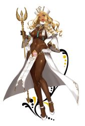 Rule 34 | 1girl, :d, apt, blonde hair, blue eyes, bodysuit, bracelet, breasts, brown bodysuit, capelet, covered navel, dark-skinned female, dark skin, drill hair, full body, gyaru, hand on own hip, hat, holding, holding staff, jewelry, large breasts, long hair, long sleeves, looking at viewer, mole, mole under eye, open mouth, original, pelvic curtain, simple background, smile, solo, staff, standing, transparent background, waist cape, wide sleeves