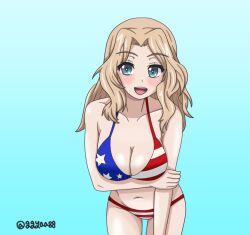 Rule 34 | 1girl, american flag bikini, bikini, blonde hair, blue background, blue eyes, breast hold, breasts, cleavage, cowboy shot, flag print, girls und panzer, gradient background, hair intakes, halterneck, hand on own arm, kay (girls und panzer), kkonmulbeom nyomy, large breasts, leaning forward, long hair, looking at viewer, navel, open mouth, smile, solo, standing, swimsuit, textless version, twitter username
