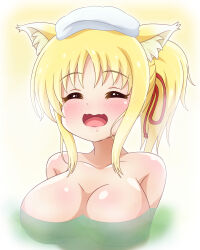 Rule 34 | 1girl, animal ears, bath, bathing, blonde hair, blush, breasts, cleavage, closed mouth, collarbone, dog days, fox ears, fox girl, happy, highres, large breasts, nude, open mouth, partially submerged, ponytail, solo, steam, water, wet, yosuzu, yukikaze panettone