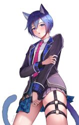 Rule 34 | 1boy, absurdres, animal ears, artist name, black skirt, blue eyes, blue hair, blush, bridal garter, cat boy, cat ears, cat tail, commentary, covering privates, cropped legs, crossdressing, dreamxiety, embarrassed, english commentary, from below, highres, jacket, kaito (vocaloid), looking at viewer, looking down, male focus, necktie, open mouth, pink necktie, pleated skirt, project sekai, skirt, tail, thighs, vocaloid