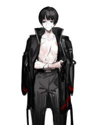 Rule 34 | 1girl, belt, black belt, black eyes, black hair, black jacket, black pants, breasts, closed mouth, collarbone, expressionless, jacket, library of ruina, long sleeves, looking to the side, nishikujic, open clothes, open jacket, pants, project moon, scar, scar across eye, scar on chest, small breasts, solo, yujin (project moon)