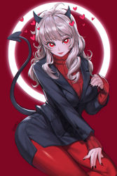 Rule 34 | 1girl, absurdres, ahoge, artist name, black horns, black nails, black suit, blush, breasts, commentary, demon girl, demon horns, demon tail, formal, grey hair, hand on own chest, hand on own leg, heart, heart-shaped pupils, helltaker, highres, horns, large breasts, layered sleeves, long hair, long sleeves, looking at viewer, modeus (helltaker), nail polish, pantyhose, red background, red eyes, red pantyhose, red sweater, ribbed sweater, sleeves past wrists, solo, suit, sweater, symbol-shaped pupils, tail, tail raised, turtleneck, vamco