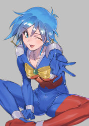 Rule 34 | 1girl, ;d, absurdres, allenby beardsley, antennae, blue bodysuit, blue eyes, blue hair, bodysuit, bow, breasts, collarbone, commentary, commentary request, covered navel, g gundam, grey background, gundam, hand on floor, highres, indian style, looking at viewer, medium breasts, mobile trace suit, multicolored bodysuit, multicolored clothes, one eye closed, open mouth, pilot suit, reaching, reaching towards viewer, red bodysuit, short hair, sitting, skin tight, smile, solo, tanakalma