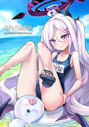 Rule 34 | 1girl, afloat, ahoge, ass, blue archive, blue sky, blurry, blush, cloud, cloudy sky, collarbone, commentary, demon girl, demon horns, demon wings, depth of field, english commentary, fanbox username, frown, hair between eyes, hair ornament, hairclip, halo, head tilt, highres, hina (blue archive), hina (swimsuit) (blue archive), hm (hmongt), horns, innertube, knees together feet apart, knees up, long hair, looking at viewer, name tag, ocean, official alternate costume, official alternate hairstyle, old school swimsuit, one side up, outdoors, parted bangs, purple eyes, sandals, school swimsuit, sidelocks, sky, sleeveless, solo, swim ring, swimsuit, tearing clothes, torn clothes, watermark, wavy hair, web address, white hair, wings