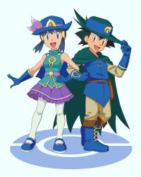 Rule 34 | 1boy, 1girl, :d, absurdres, ash ketchum, blouse, blue eyes, blue footwear, blue gloves, blue headwear, blue tunic, boots, commentary request, creatures (company), dawn (pokemon), dawn (sygna suit) (pokemon), game freak, gloves, green headwear, green shirt, hat, hat ribbon, highres, locked arms, miraa (chikurin), nintendo, official alternate costume, open mouth, pantyhose, pokemon, pokemon: lucario and the mystery of mew, pokemon (anime), pokemon dppt (anime), pokemon masters ex, pokemon rse (anime), purple ribbon, purple skirt, ribbon, shirt, shoes, skirt, sleeveless, sleeveless shirt, smile, standing, tongue, white pantyhose
