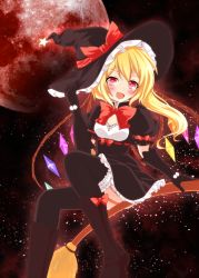 Rule 34 | 1girl, alternate costume, bad id, bad pixiv id, black dress, black gloves, black thighhighs, blonde hair, blush, boots, bow, broom, broom riding, dress, elbow gloves, embodiment of scarlet devil, fang, female focus, flandre scarlet, full moon, gloves, hand on headwear, hat, hat ribbon, inanosuke, moon, night, open mouth, red eyes, red moon, ribbon, side ponytail, sitting, smile, solo, star (sky), thighhighs, touhou, wings, witch, witch hat